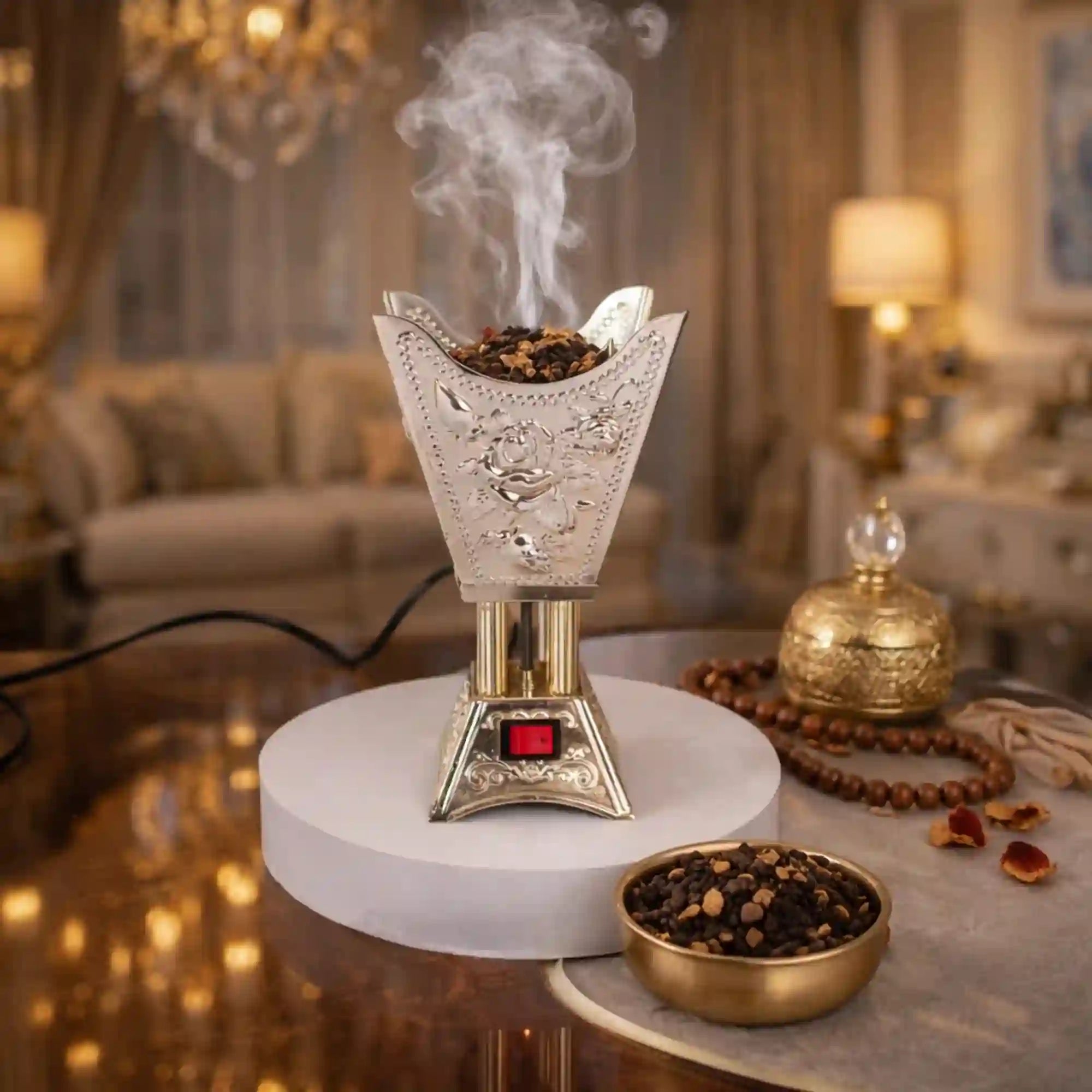 Empress Bakhoor Burner - Electric bakhoor burner with ornate silver detailing, releasing aromatic smoke in a luxurious living room setting. Main image