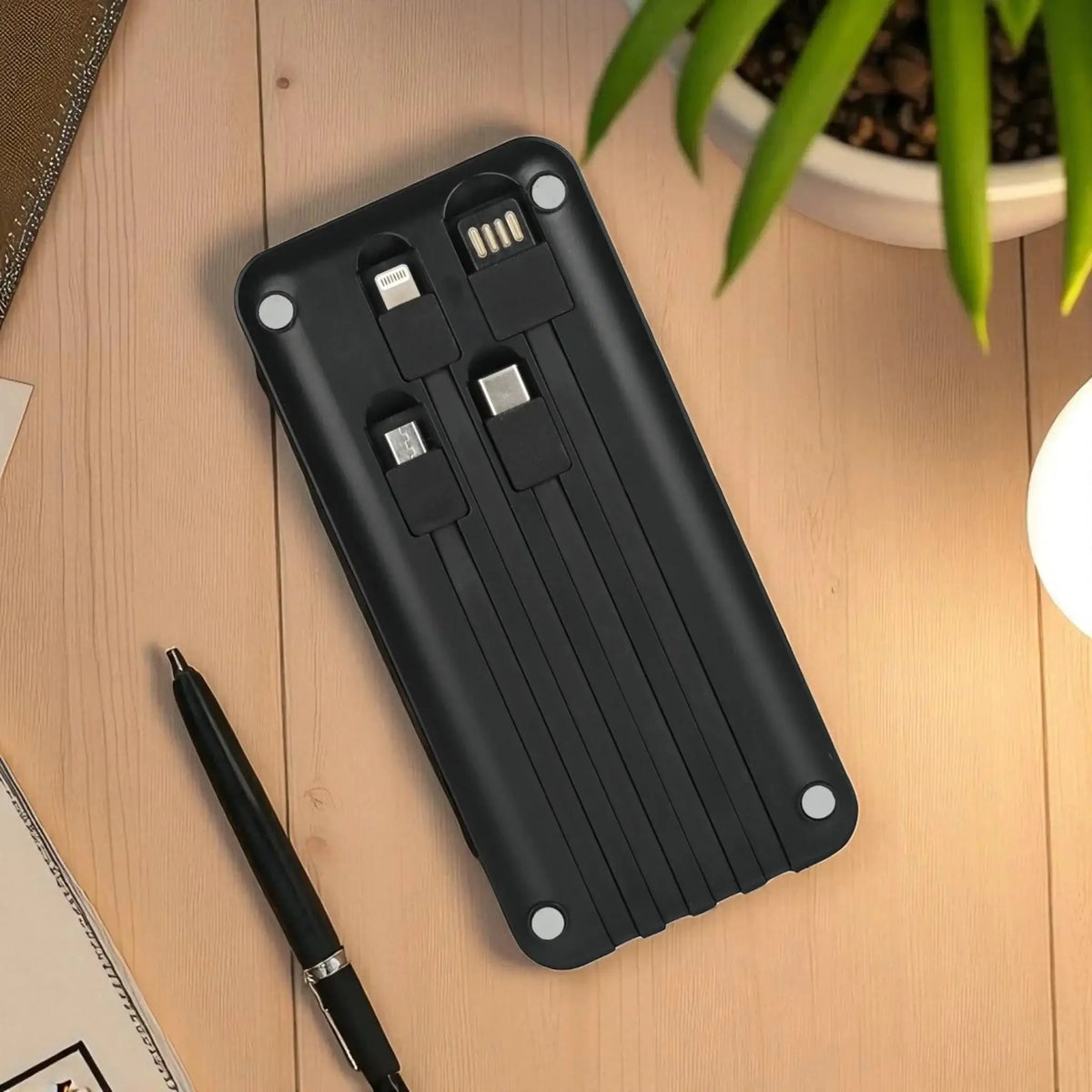 Close-up of EnCase Pro 10K Powerbank - 10000 mAh featuring built-in charging cables and sleek black design, perfect for portable charging.
