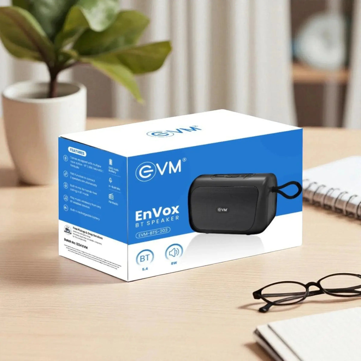 Retail packaging of Bluetooth Speaker EnVox featuring product image and specs, ideal for tech audio lovers seeking portable deep sound solutions.