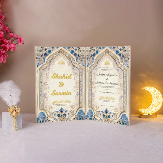 Eternal Petals Nikah Nama - Customizable Keepsake | Unique featuring Shahid & Sarmin with illuminated crescent decor, perfect for wedding gifting.