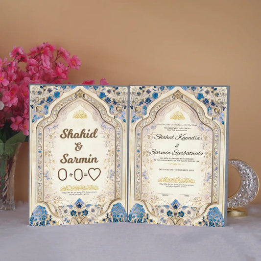 Eternal Petals Nikah Nama - Customizable Keepsake | Unique featuring Shahid & Sarmin with thumbprint heart, perfect for Nikah essentials and bridal gifts.