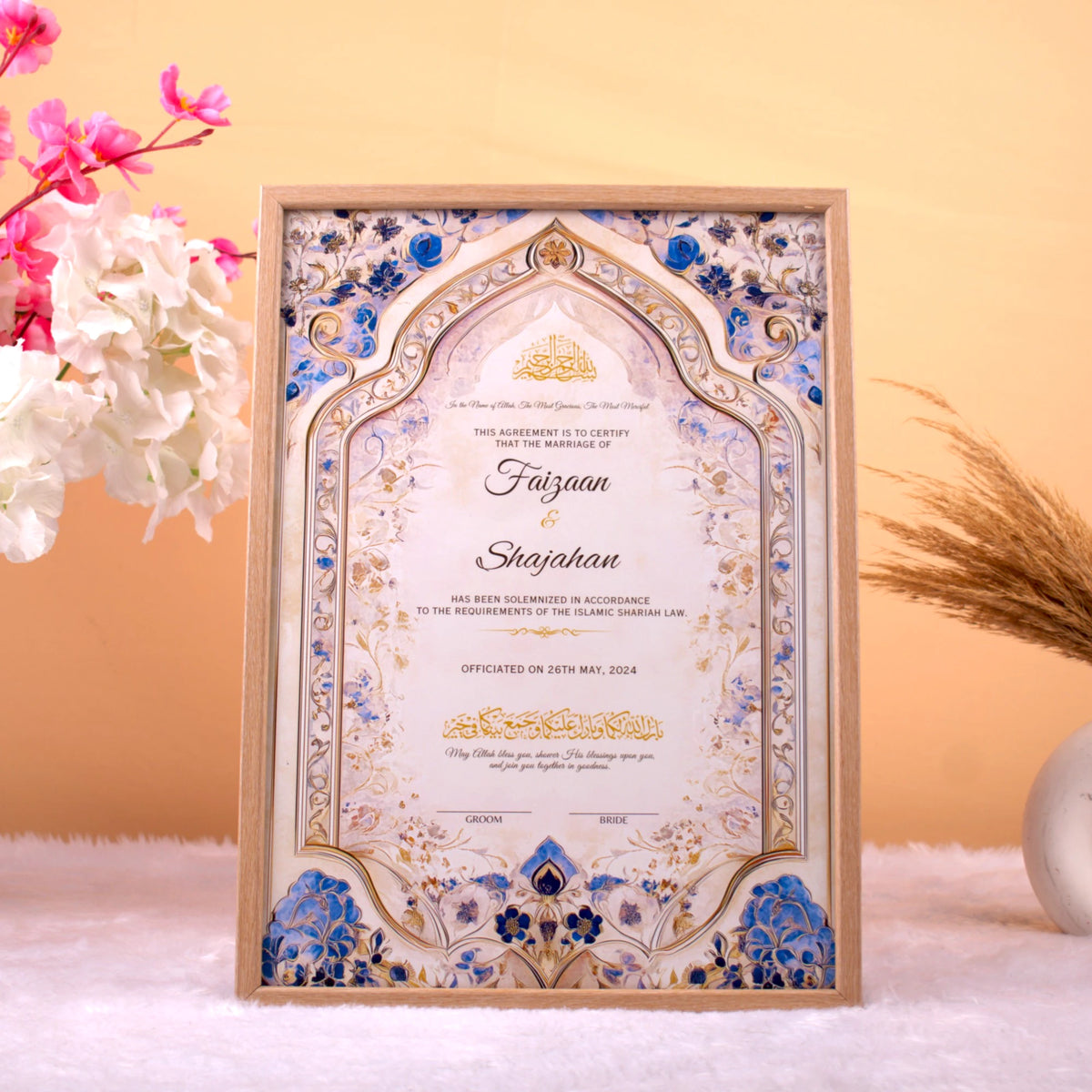 Framed Eternal Petals Nikah Nama certificate with names and date, a unique Islamic wedding gift with ornate floral artwork.