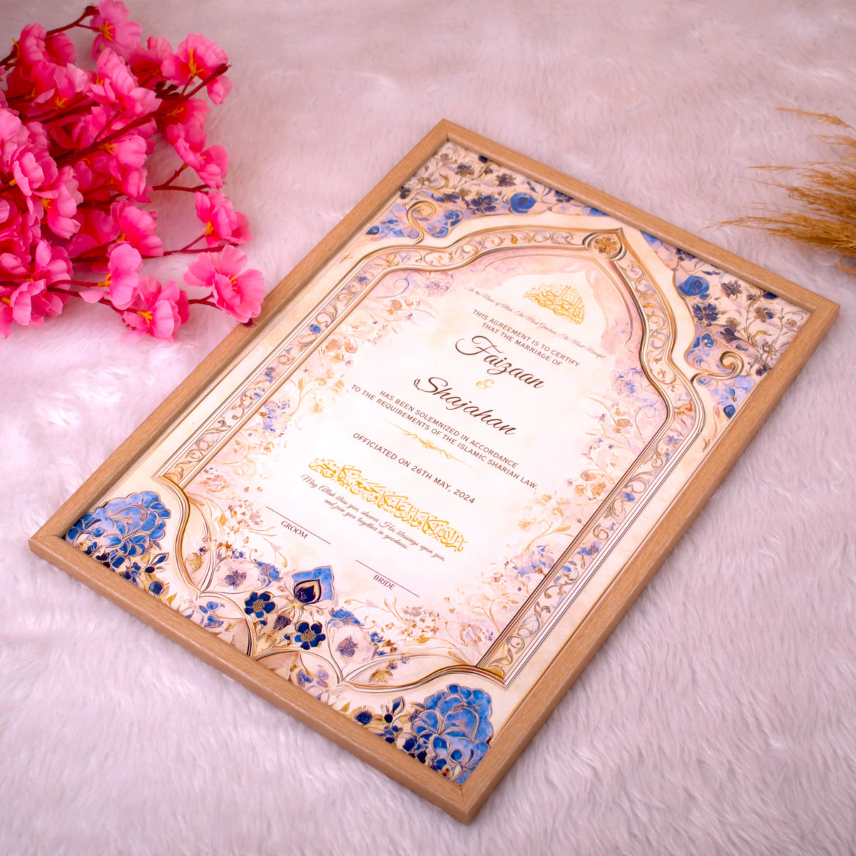Personalized Eternal Petals Nikah Nama Frame with intricate blue floral border, ideal for Islamic weddings and elegant home decor.