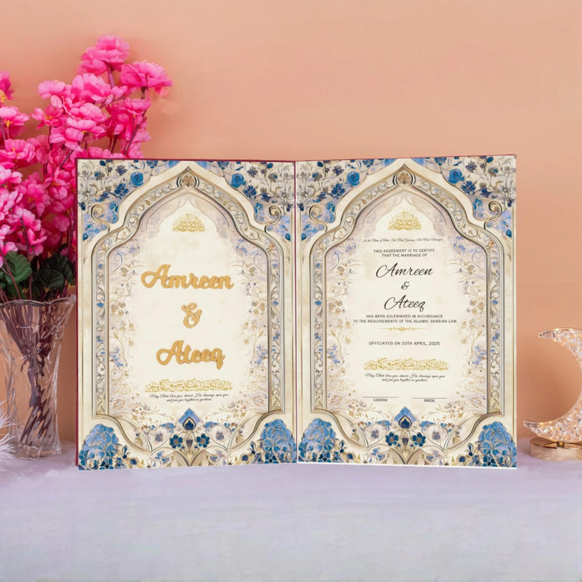Eternal Petals Nikah Nama - Customizable Keepsake | Unique with floral arch design and names Amreen & Ateeq, ideal for wedding gift display. Main image