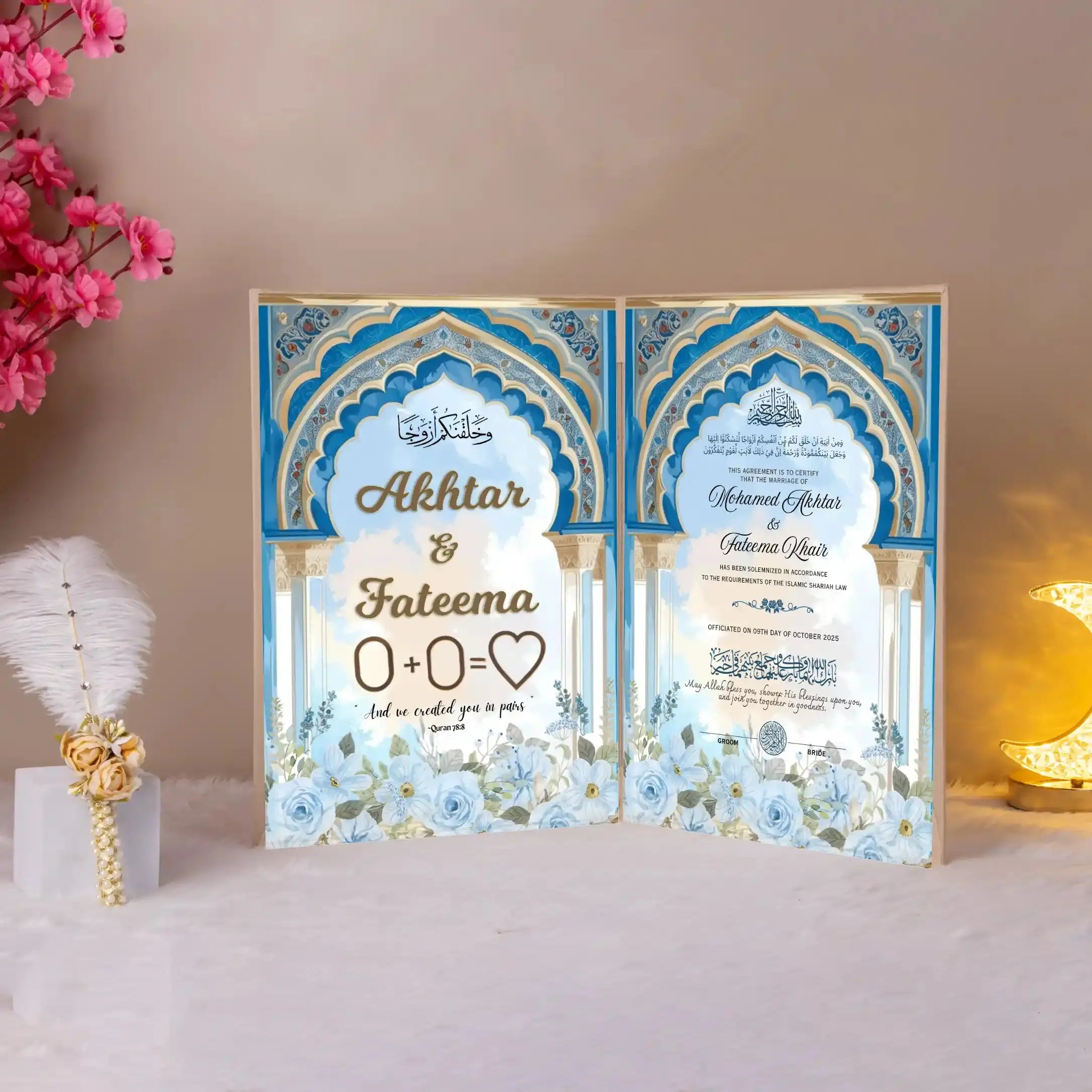Feroza-e-Imaan Nikah Nama with turquoise floral design, personalized with names Akhtar & Fateema, ideal for Nikah ceremonies and bridal gifts. Main image