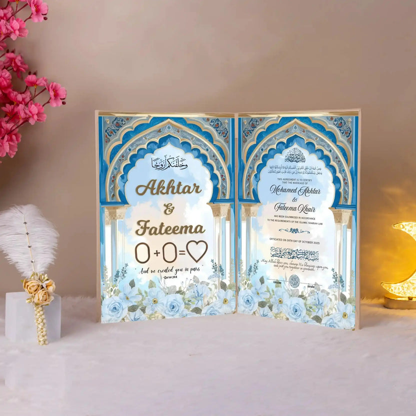 Feroza-e-Imaan Nikah Nama with turquoise floral design, personalized with names Akhtar & Fateema, ideal for Nikah ceremonies and bridal gifts. Main image
