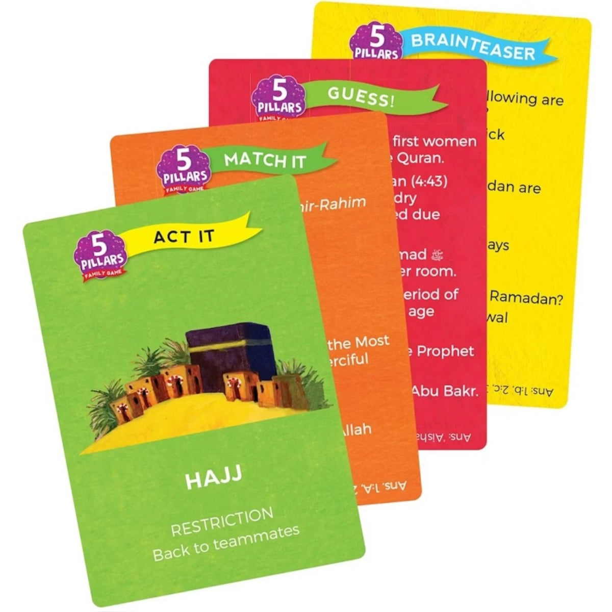 Close-up of colorful Five Pillars Games cards including Act It, Match It, Guess, and Brainteaser for engaging Islamic learning.
