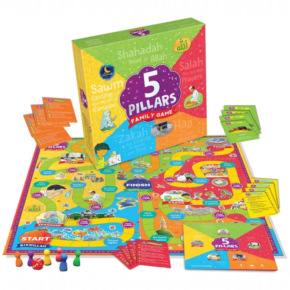 Complete Five Pillars Games set with board, cards, dice, and pawns designed for interactive Islamic education and family entertainment.