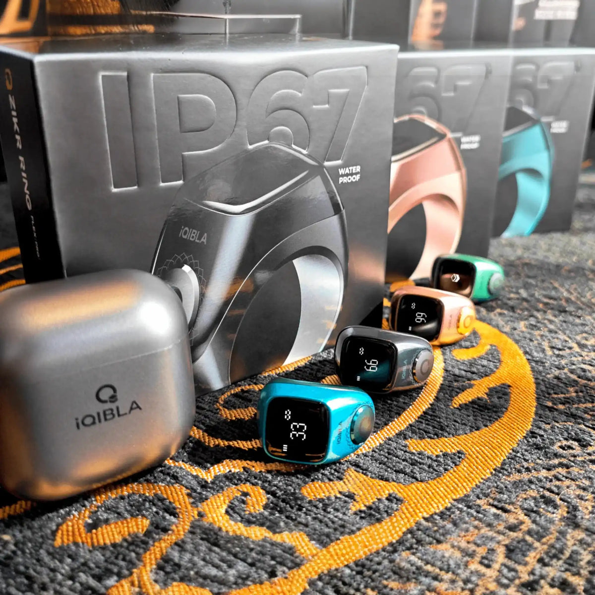 iQIBLA fitness tracker with charging case on a textured surface