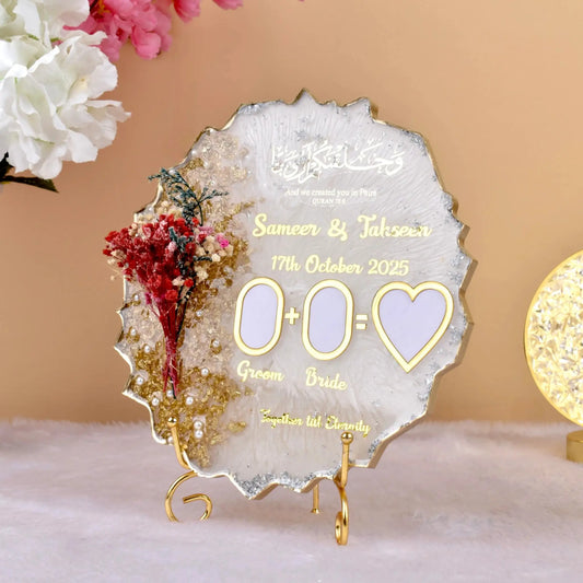 Handmade Floral Round Couple Frame with heart-shaped thumbprint space, dried flowers, and custom names. Perfect for wedding or anniversary gifts.