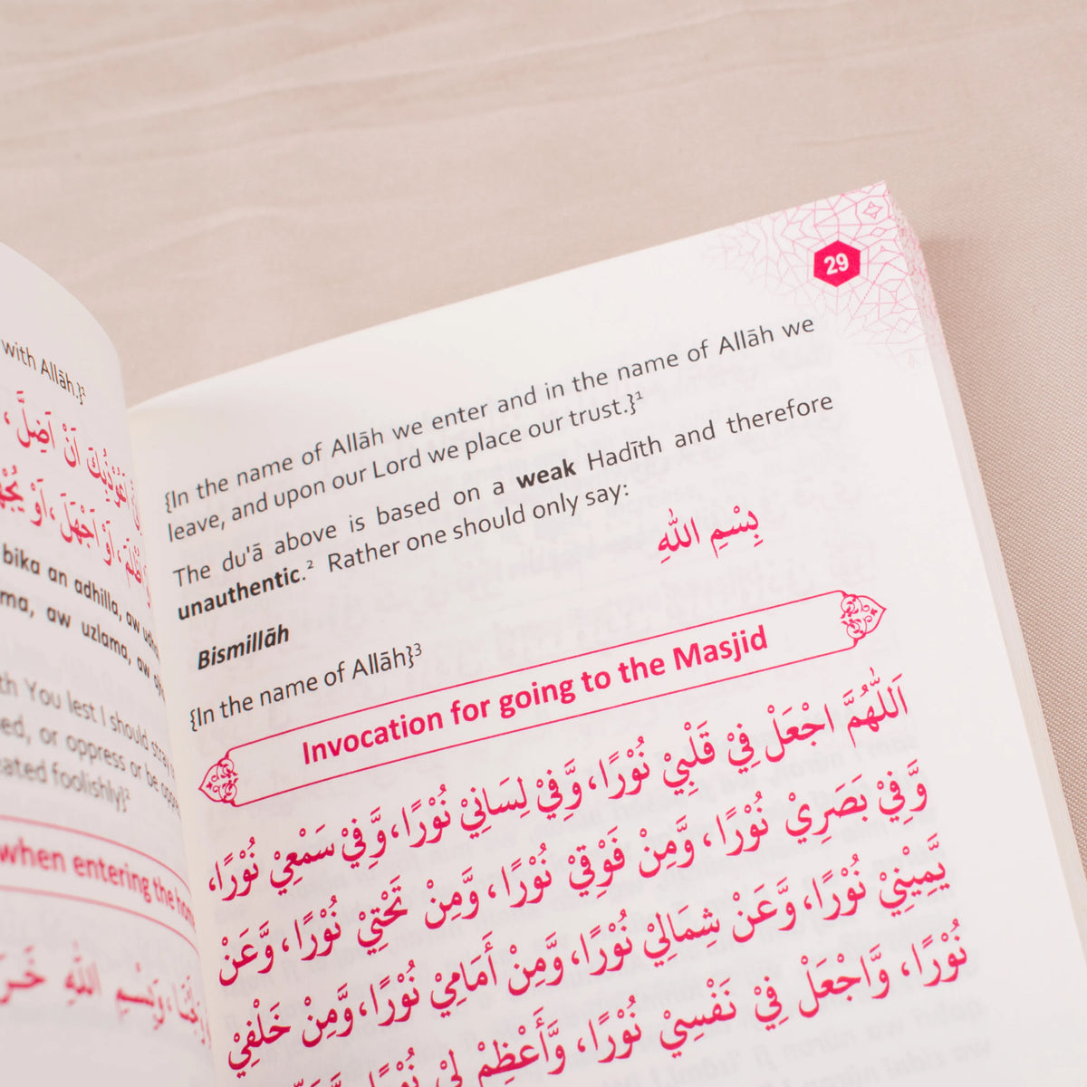 Inside pages of Fortress of the Muslim Book showing authentic daily du’as and supplications in Arabic and English, perfect for Hajj & Umrah use.