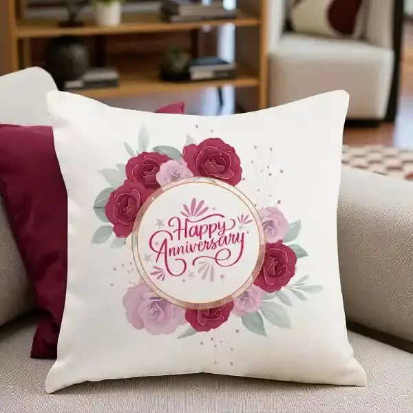 Personalized anniversary cushion gift with 'Happy Anniversary' text surrounded by red and pink roses, ideal for romantic home decor. Main image