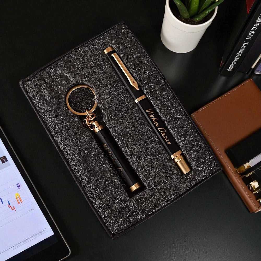 Elegant Personalised Pen and Key Chain - Gift Set | Custom Name in a black gift box, ideal for corporate or promotional gifting.