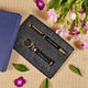 Personalised Pen and Key Chain - Gift Set | Custom Name in a textured box with floral decor, great for birthdays or special occasions.
