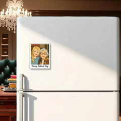 Custom Mother's Day magnet with cartoon characters and 'Happy Mother's Day' text, displayed on a refrigerator, part of the gift combo.