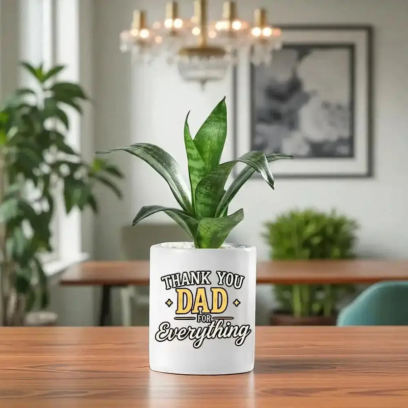 Sansaveria plant in a white ceramic pot with 'Thank You Dad for Everything' text, ideal Father's Day gift for home or office decor. Main image