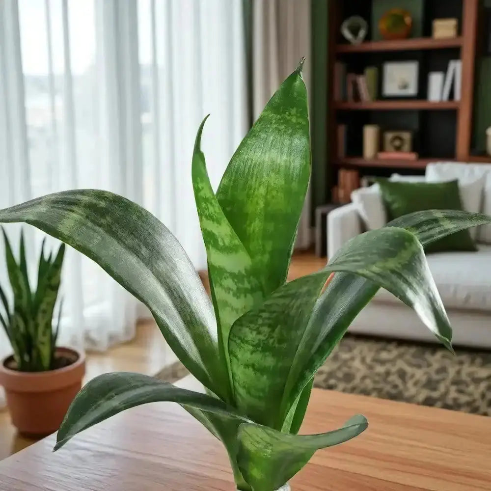 Vibrant Sansevieria plant with upright green leaves, placed in a cozy living room setting, great air-purifying houseplant for any space.