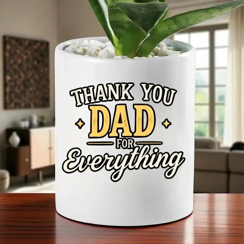 Close-up of Sansevieria plant in a decorative pot with heartfelt 'Dad for Everything' message, perfect low-maintenance indoor plant gift.