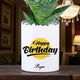 Custom ceramic pot with Personalized Birthday Snake Plant and name inscription, stylish green gift for indoor spaces and celebrations.