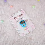 Single blue digital Tasbeeh Favor on a soft pink Nadiya card, ideal for Islamic Aqiqah or wedding ceremony keepsakes.