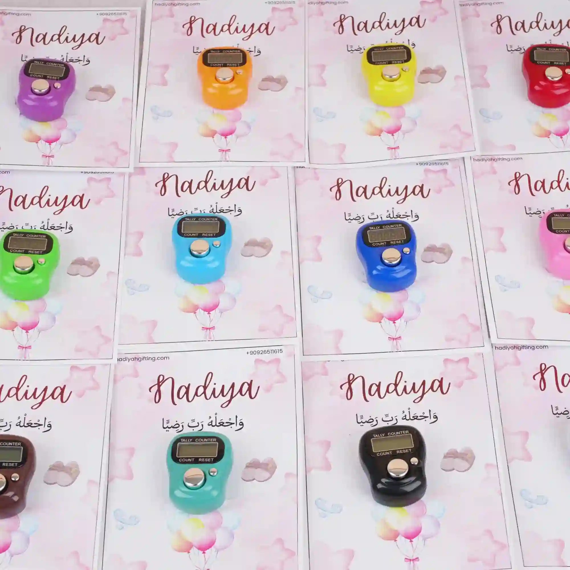 Colorful digital Tasbeeh Favors on Nadiya-themed cards, elegant Islamic wedding or Aqiqah gifts with customizable names.