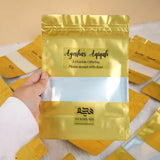 Custom Aqiqah Meat Packet with gold and silver pouch design, labeled 'Ayesha's Aqiqah' for wedding favors and food gift baskets.