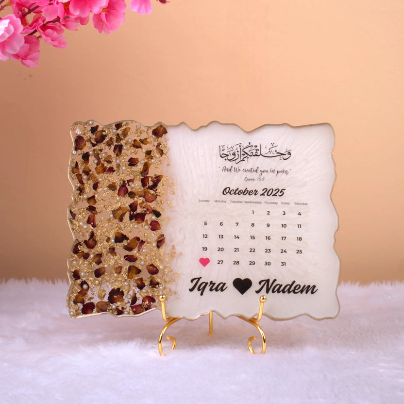Rose and Gold Couple Frame - Custom Photo Frame Gift featuring October 2025 calendar with names Iqra and Nadeem, ideal for weddings or anniversaries. Main image