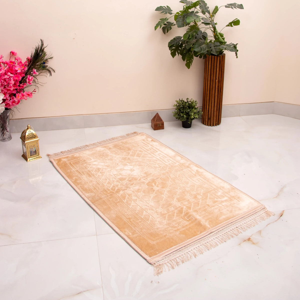 Golden Floral Sawab-e-Jariya Hampers prayer mat in beige velvet with intricate patterns and tassels, ideal for Quran gift set or spiritual gifting.