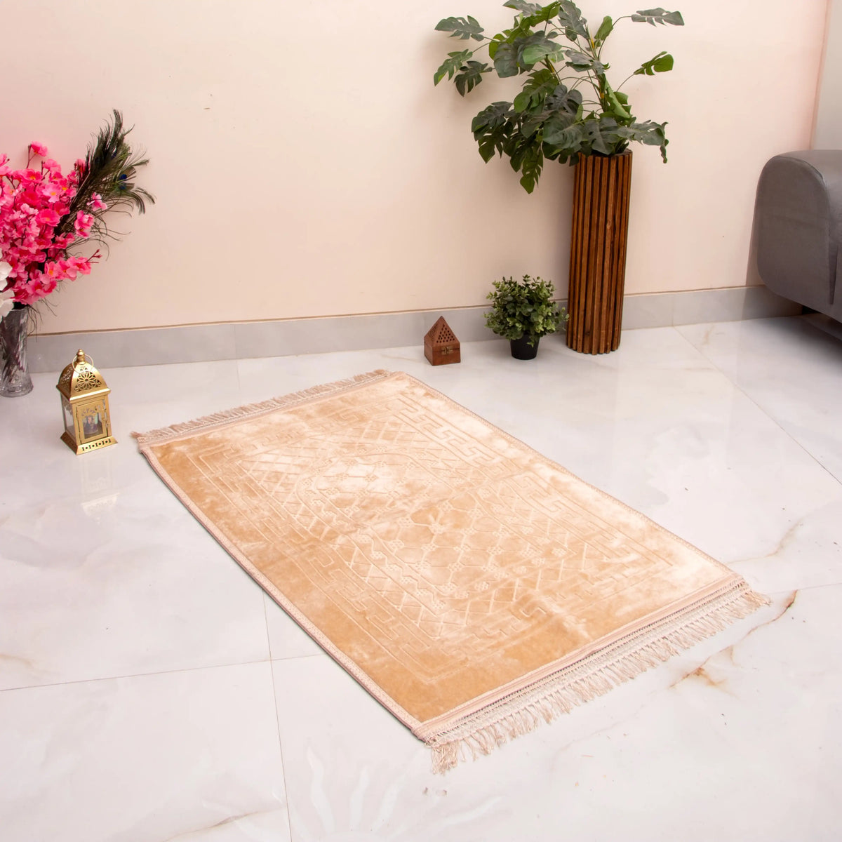 Light Golden Premium Janamaz - Custom Prayer Rugs in a serene indoor setting, featuring plush velvet texture and elegant rectangular design.