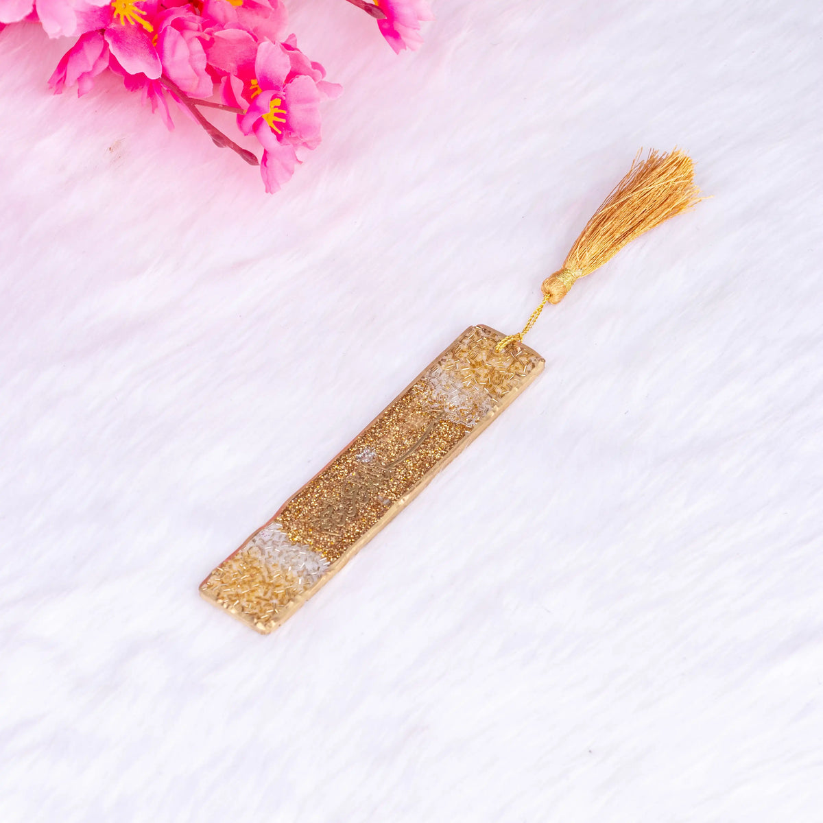 Golden Rehal & Bookmark - Quran Stand | Elegant Gift includes a glittery gold resin bookmark with tassel, perfect for Quran reading or gifting.