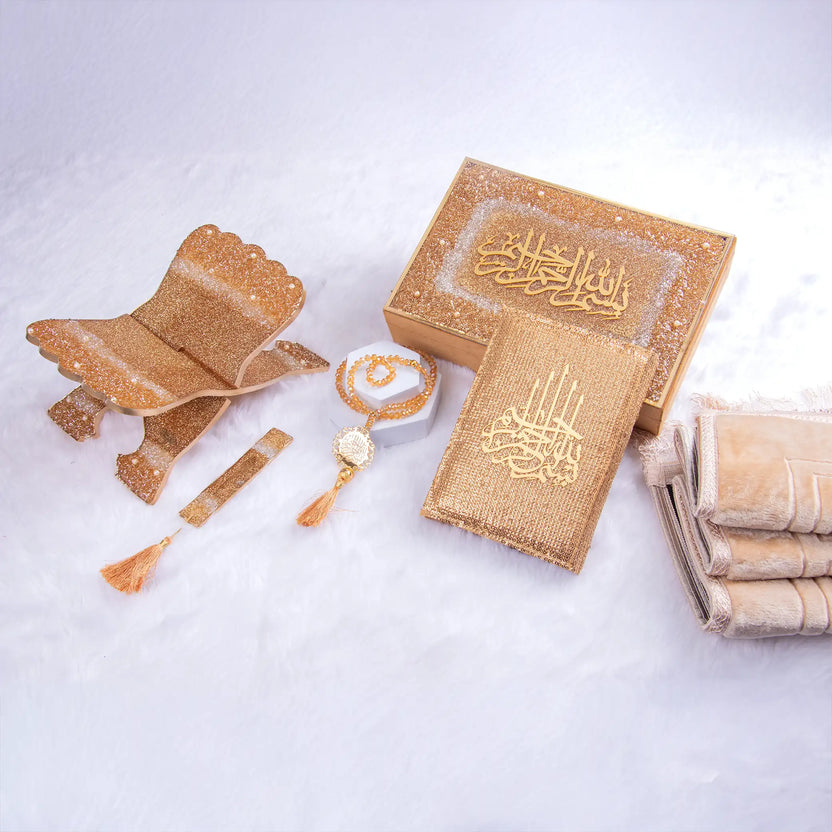 Golden Sawab-e-Jariya - Bling Quran Gift Set featuring glittery Quran cover, tasbeeh, prayer rug, and resin book stand in luxury box. Main image