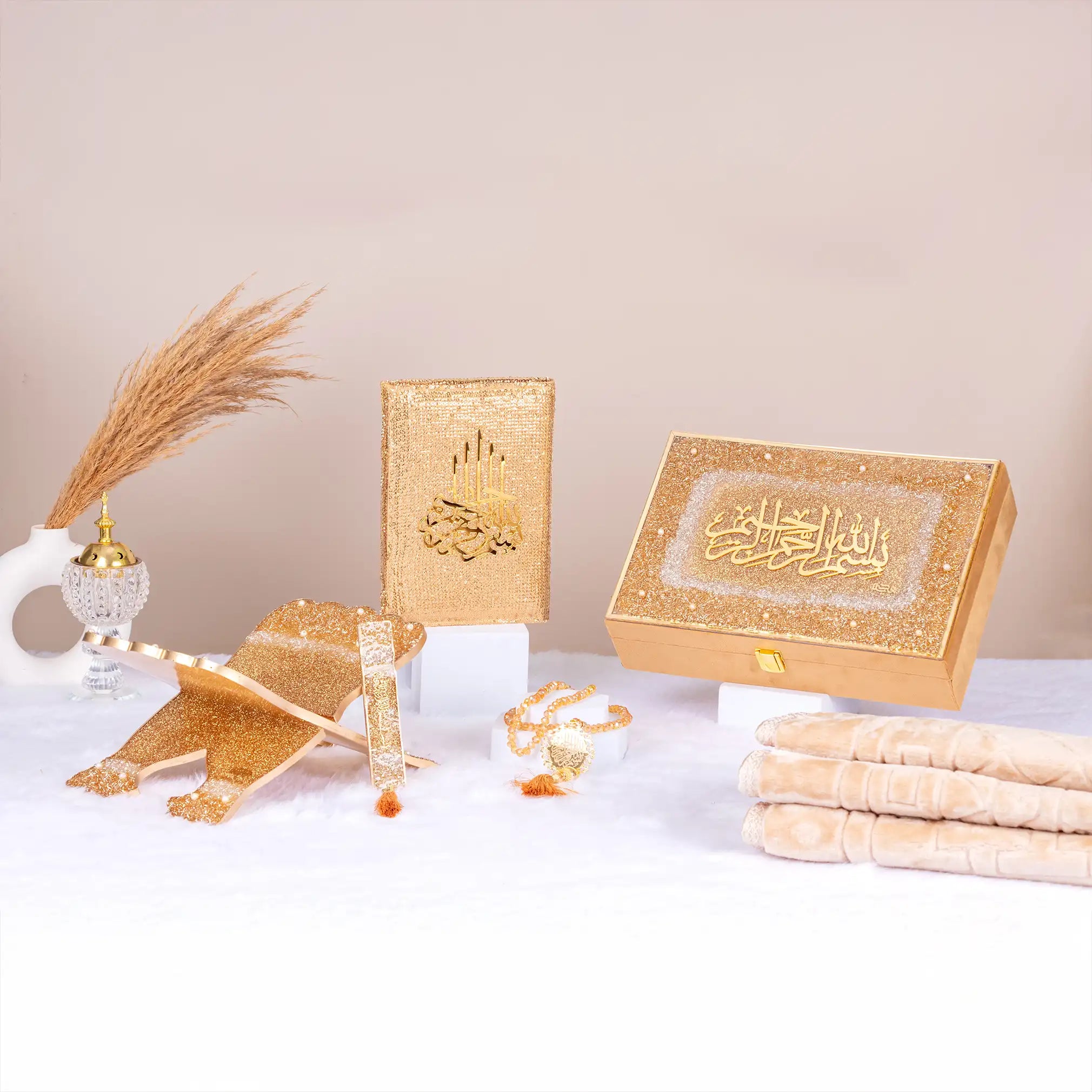 Premium Golden Sawab-e-Jariya Quran Gift Set with sparkling Quran holder, tasbeeh, and decorative box, ideal for Eid and wedding gifting. Main image