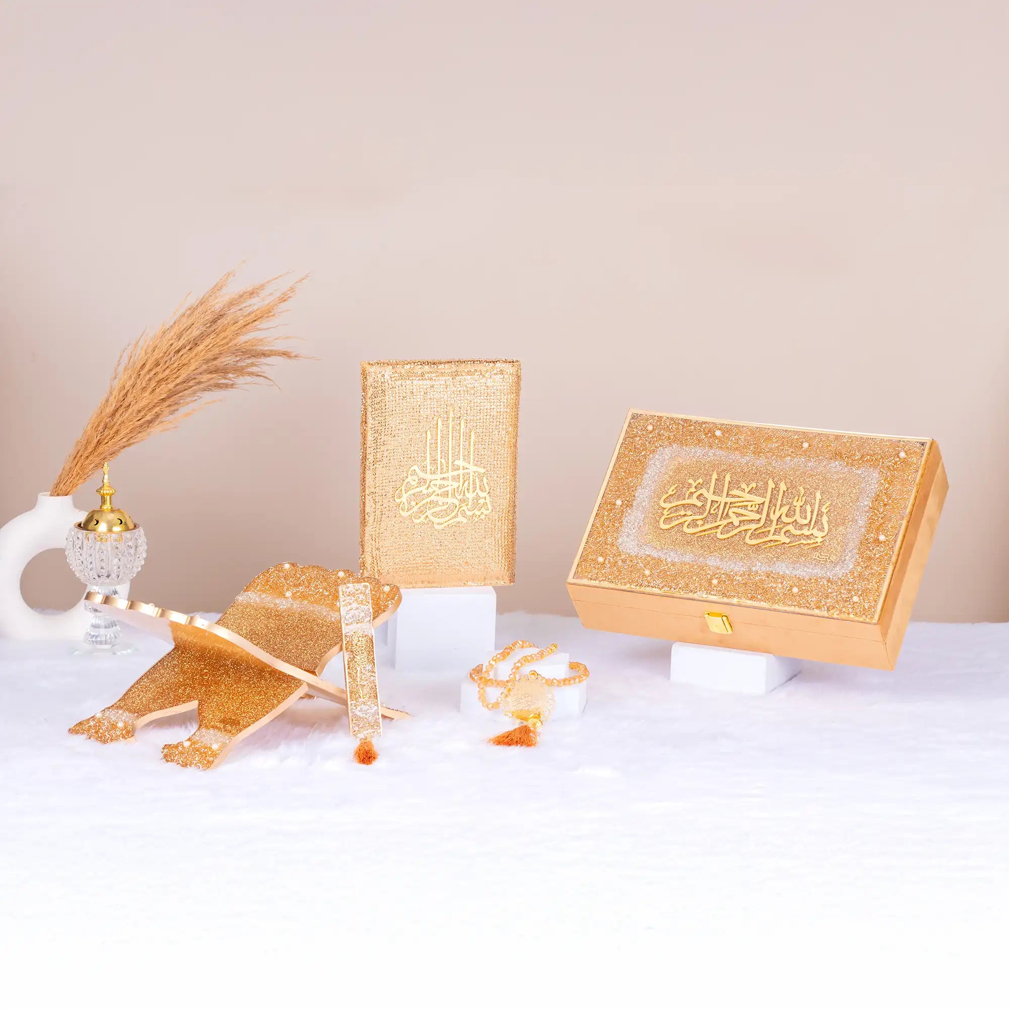 Complete Golden Sawab-e-Jariya Quran Gift Set with glittery Quran, tasbeeh, stand, and box, perfect for religious gifting. Main image