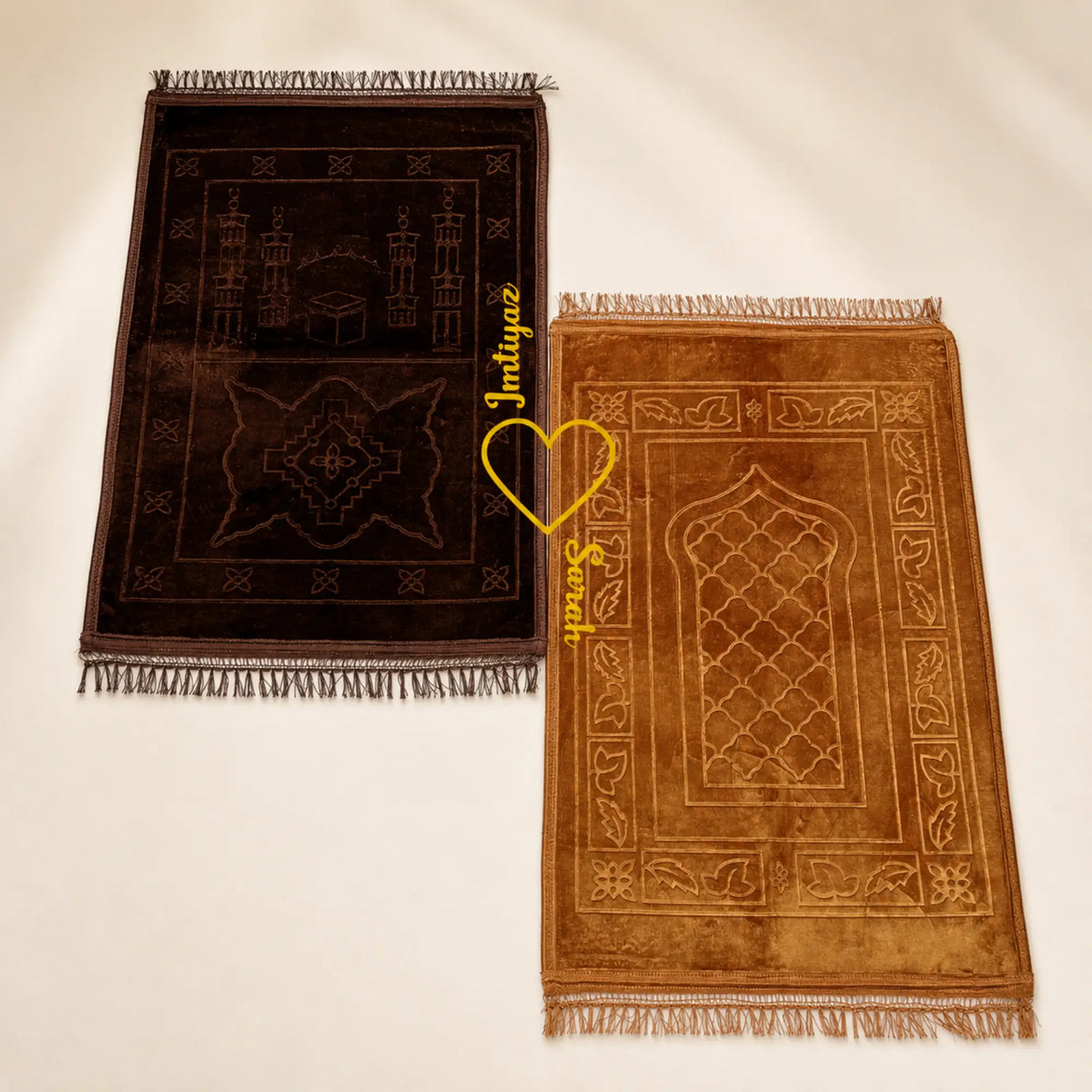 Couple Prayer Mat Set - Janamaz in brown and golden with heart design, ideal for Islamic weddings and soft, durable fabric for daily prayers.