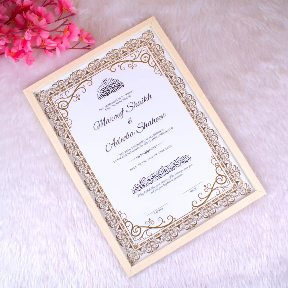 Handmade wooden Golden Classic Nikah Nama Certificate Frame laid flat, showcasing elegant gold detailing and customizable Islamic wedding keepsake.