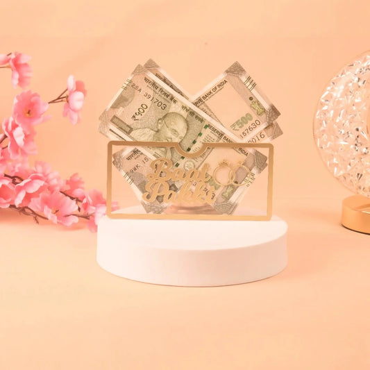 Elegant Baat Pakki Acrylic Envelope displayed with Indian currency, perfect for wedding gifting and ceremonial keepsakes.