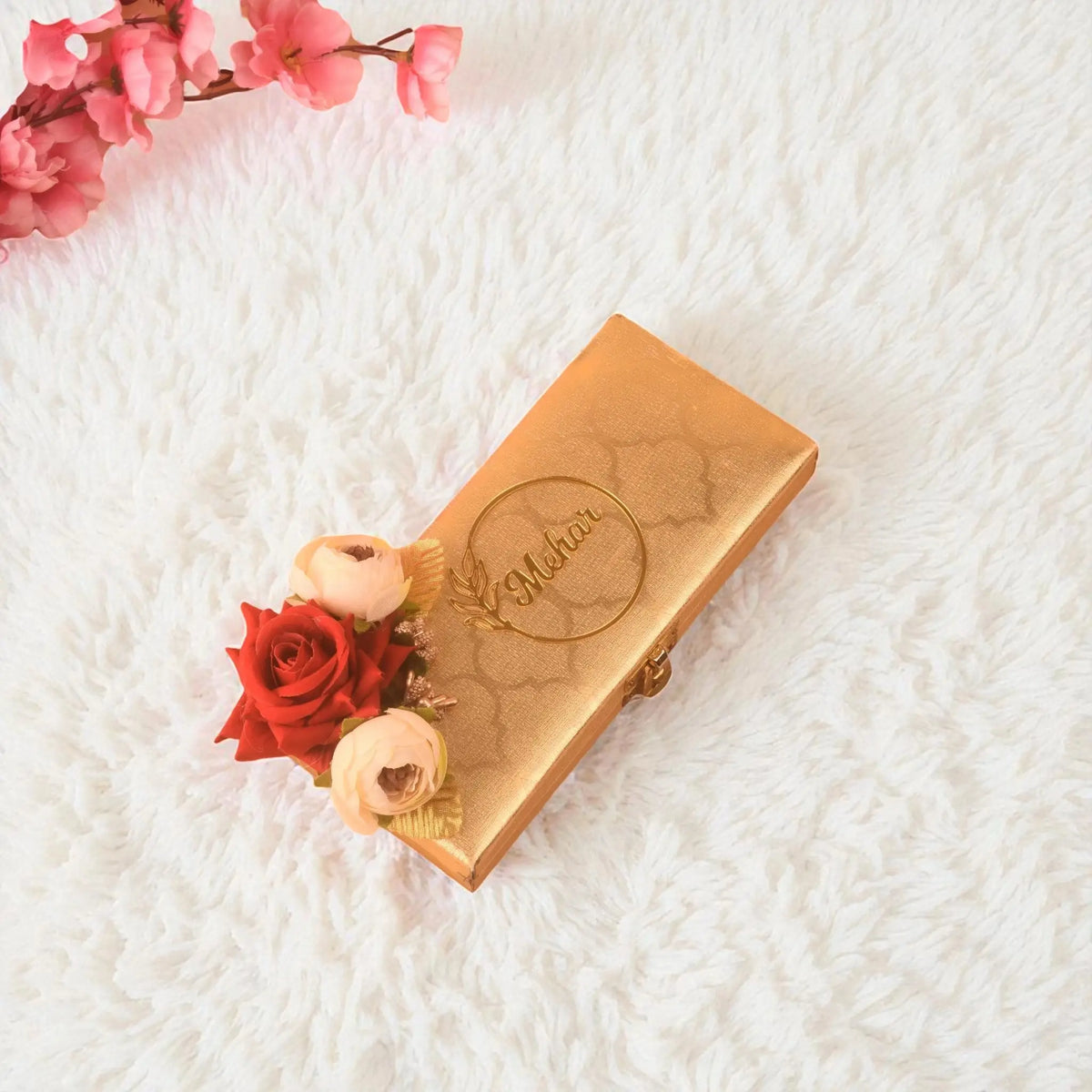 Personalised Floral Haqq Mahr Box in gold with red and blush roses, ideal for Meher ceremonies and custom Islamic wedding gifts.