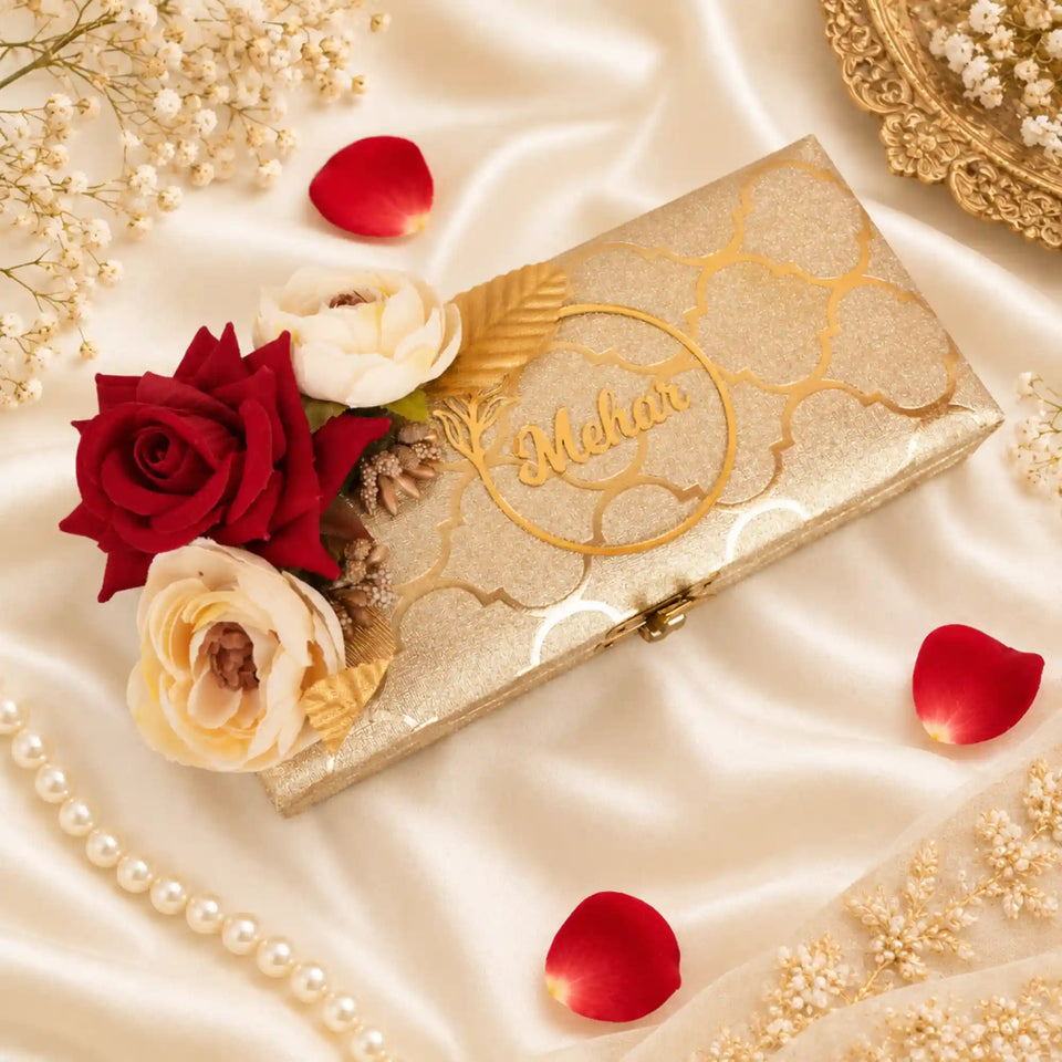 Personalised Floral Haqq Mahr Box in gold with red and blush roses, ideal for Meher ceremonies and custom Islamic wedding gifts.