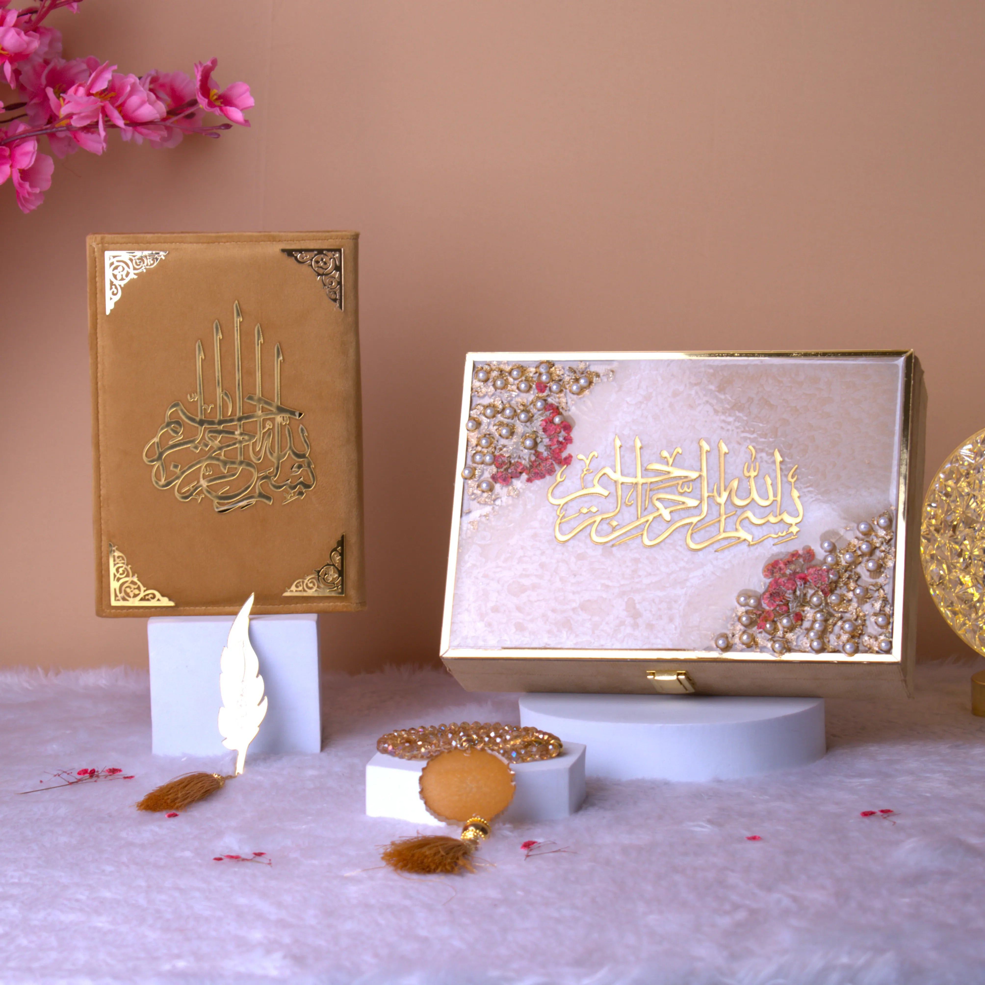 Golden Floral Pearl Tilawat-e-Quran hamper with Quran, decorative box, and Tasbeeh on display. Ideal for Eid, Nikah, or Ramadan gifting. Main image