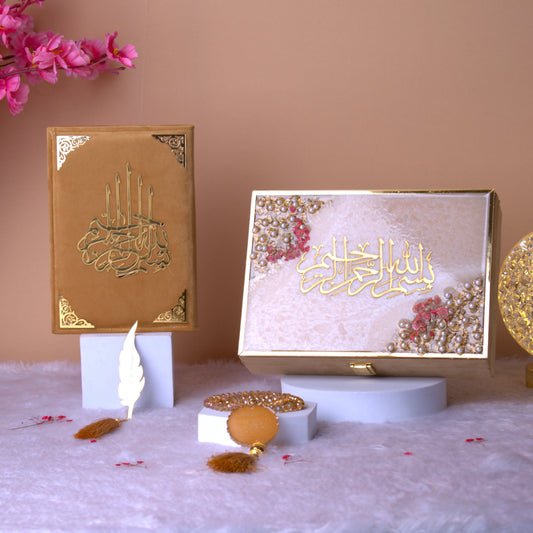 Golden Floral Pearl Tilawat-e-Quran hamper with Quran, decorative box, and Tasbeeh on display. Ideal for Eid, Nikah, or Ramadan gifting.