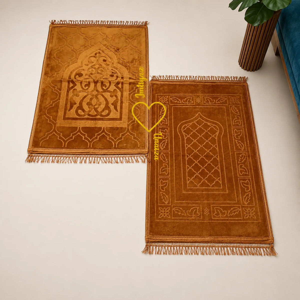 Velvet Islamic prayer mats in golden brown tones, included in the Bridal Sawab-e-Jariya Hamper for ceremonial and religious use.