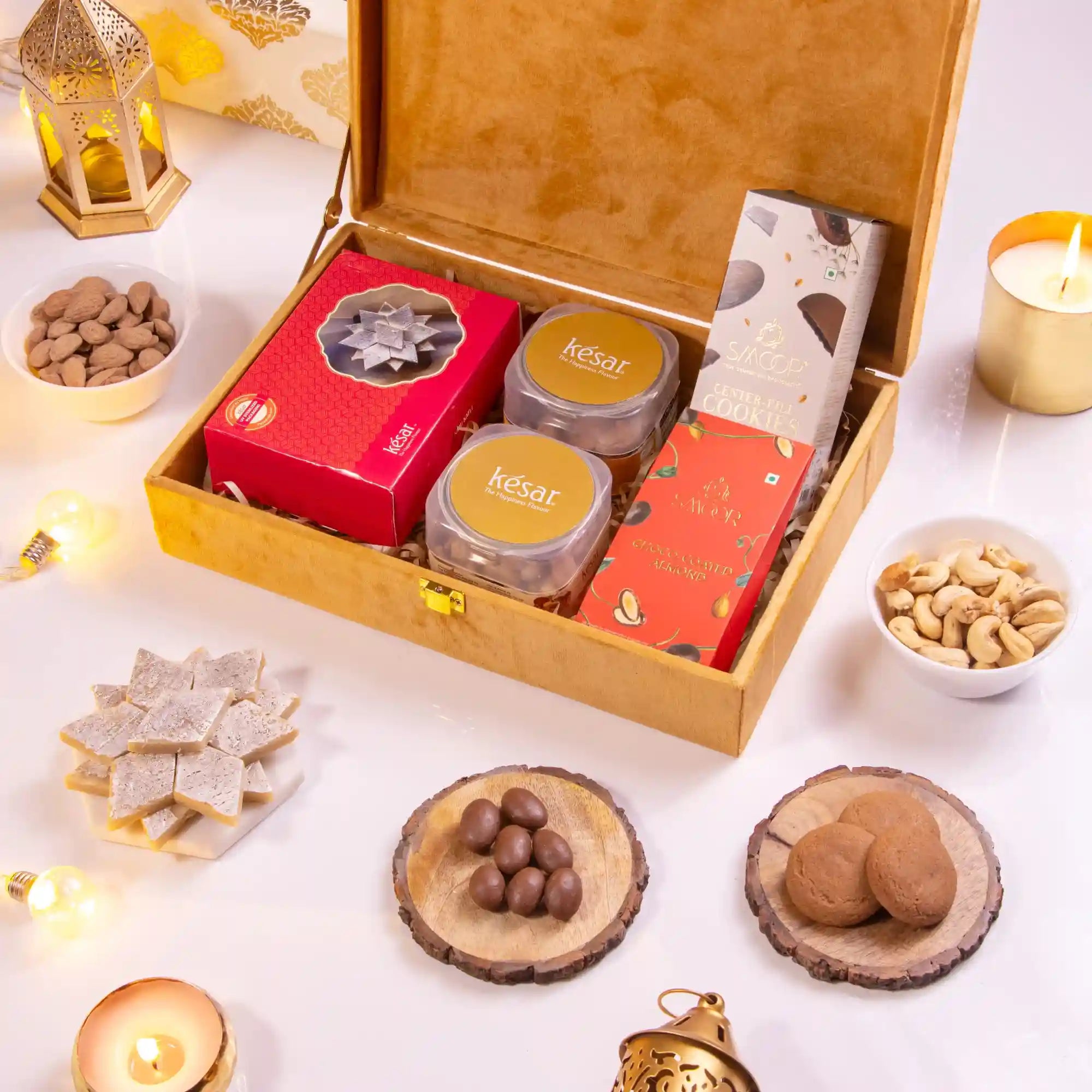 Golden Indulgence Hamper - Islamic Gifting Hamper | Premium Treats featuring Kaju Katli, cookies, nuts, and chocolates in a luxurious box. Main image