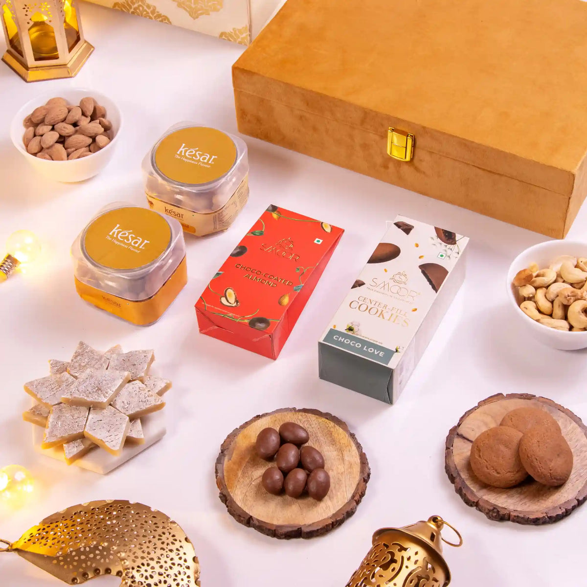 Golden Indulgence Hamper open display with gourmet cookies, choco almonds, and dry fruits, ideal for Ramadan and Eid gifting.