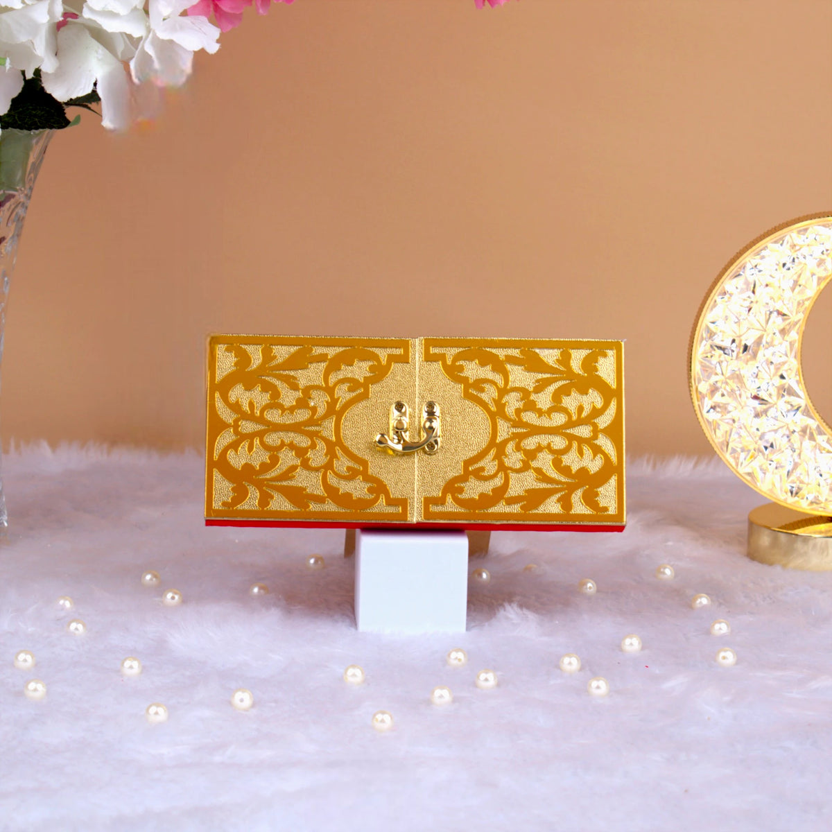 Elegant Personalised Meher Box in gold and red with intricate detailing, a sacred keepsake for Islamic weddings and ceremonial gifting.