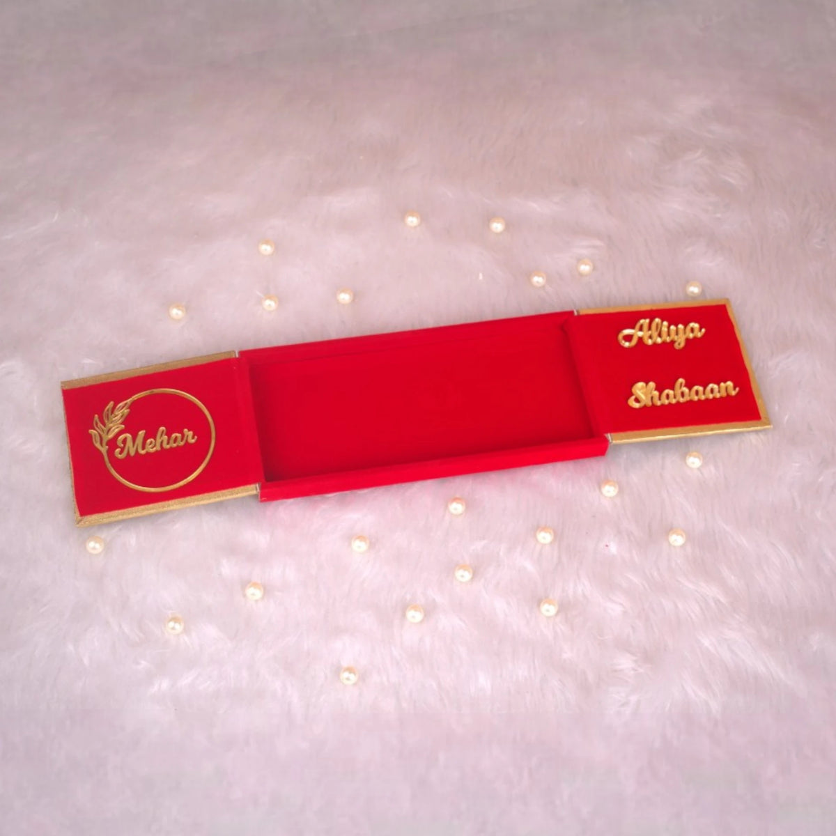 Customizable Personalised Meher Box with red velvet interior and engraved names, perfect bridal gift for Haqq Mahr and wedding celebrations.