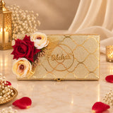 Personalised Floral Golden Haqq Mahr Box – open view showing 'Mehar' engraved with red and cream roses, elegant Islamic wedding gift