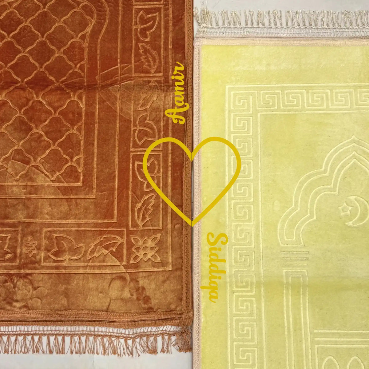 Two prayer mats, one brown and one yellow, with intricate patterns and 'Siddiqui' branding.
