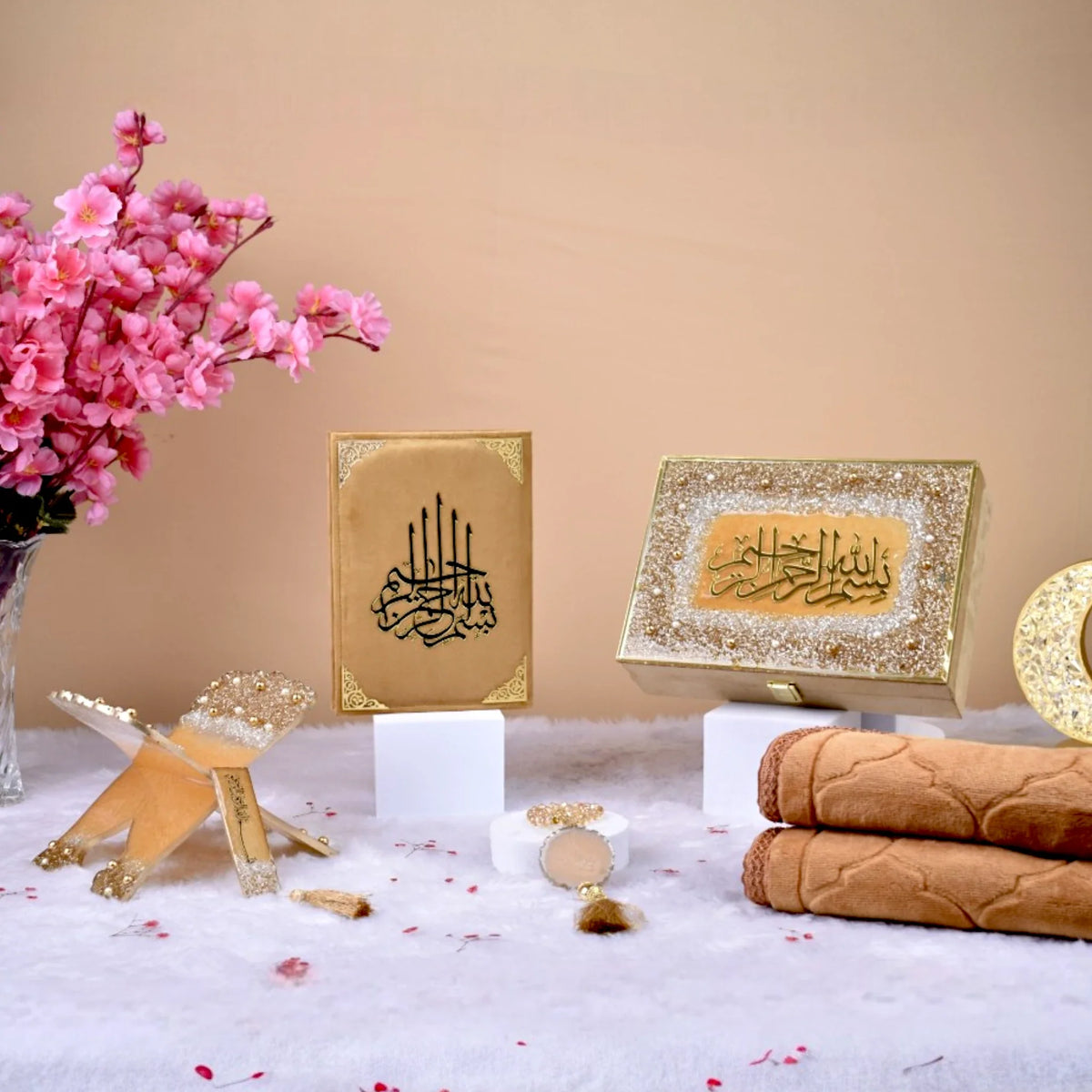 Kid's Sawab-e-Jariya Hamper - Premium Quran Gift Set Online featuring golden sequin Quran, prayer mat, tasbeeh, and rehal for Islamic gifting.