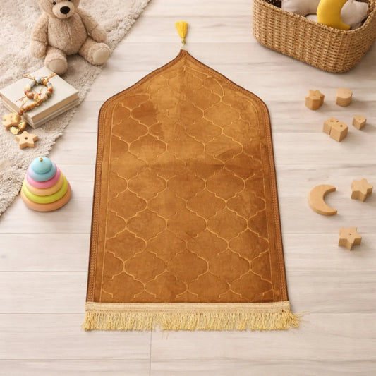 Golden Kids Dome Janamaz - Prayer Rug | Soft Fabric, Portable. Plush golden prayer mat with dome shape, surrounded by toys in a kids' room setting.