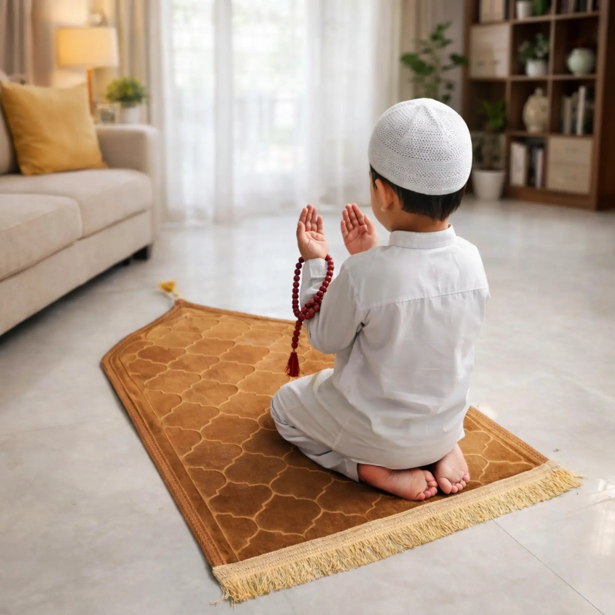 Golden Kids Dome Janamaz - Prayer Rug | Soft Fabric, Portable. Child praying on golden dome-shaped kids prayer rug, ideal for ages 3-10.